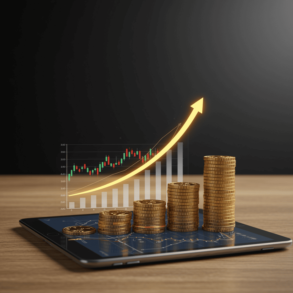 תקריב של טאבלט דיגיטלי המציג גרף צמיחה פיננסית עולה לצד ערימת מטבעות, על רקע נקי ומקצועי.רקע נקי ומקצועי.