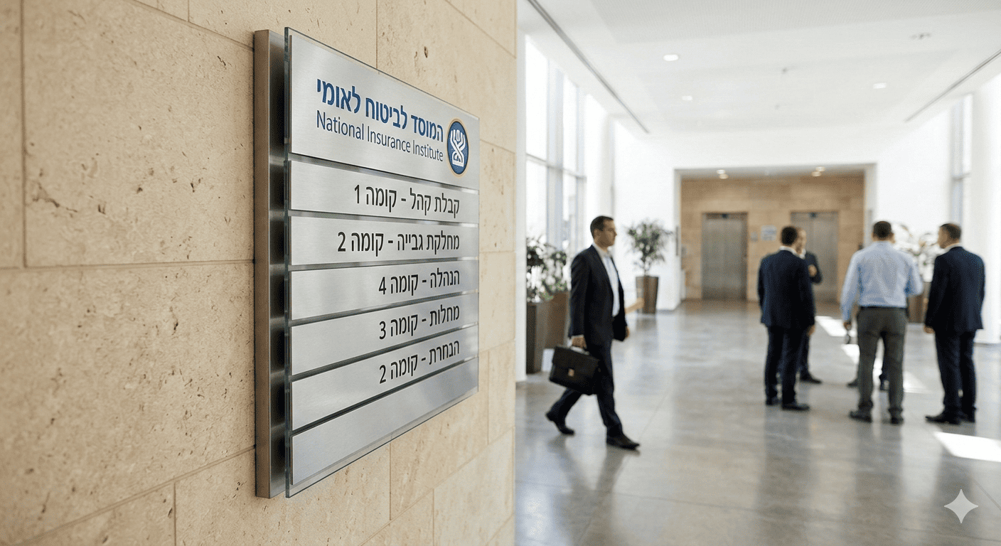 תקריב מזווית צדדית של שלט מוסדי מודרני על קיר אבן, עליו מופיע לוגו הביטוח הלאומי, בתוך מבנה משרדים נקי ומקצועי.