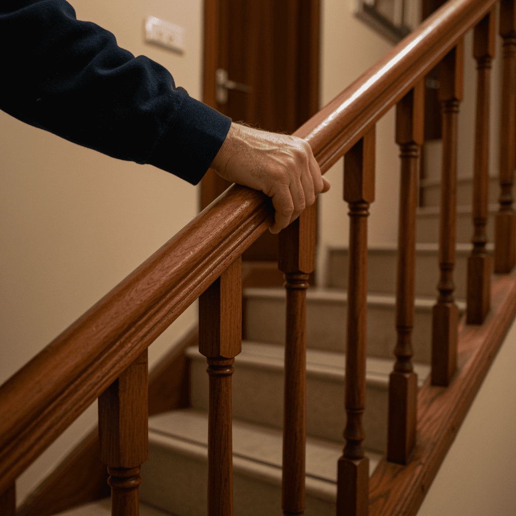 יד של גבר מבוגר אוחזת מעקה בעת יציאה למקלט