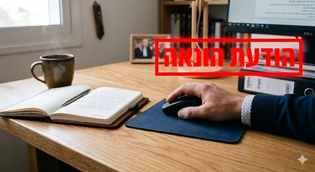 תקריב של יד גבר משתמשת במחשב בסביבה משרדית מסודרת, לצד קלסר מסמכים, להמחשת בדיקת זכויות בטוחה באתר הביטוח הלאומי.