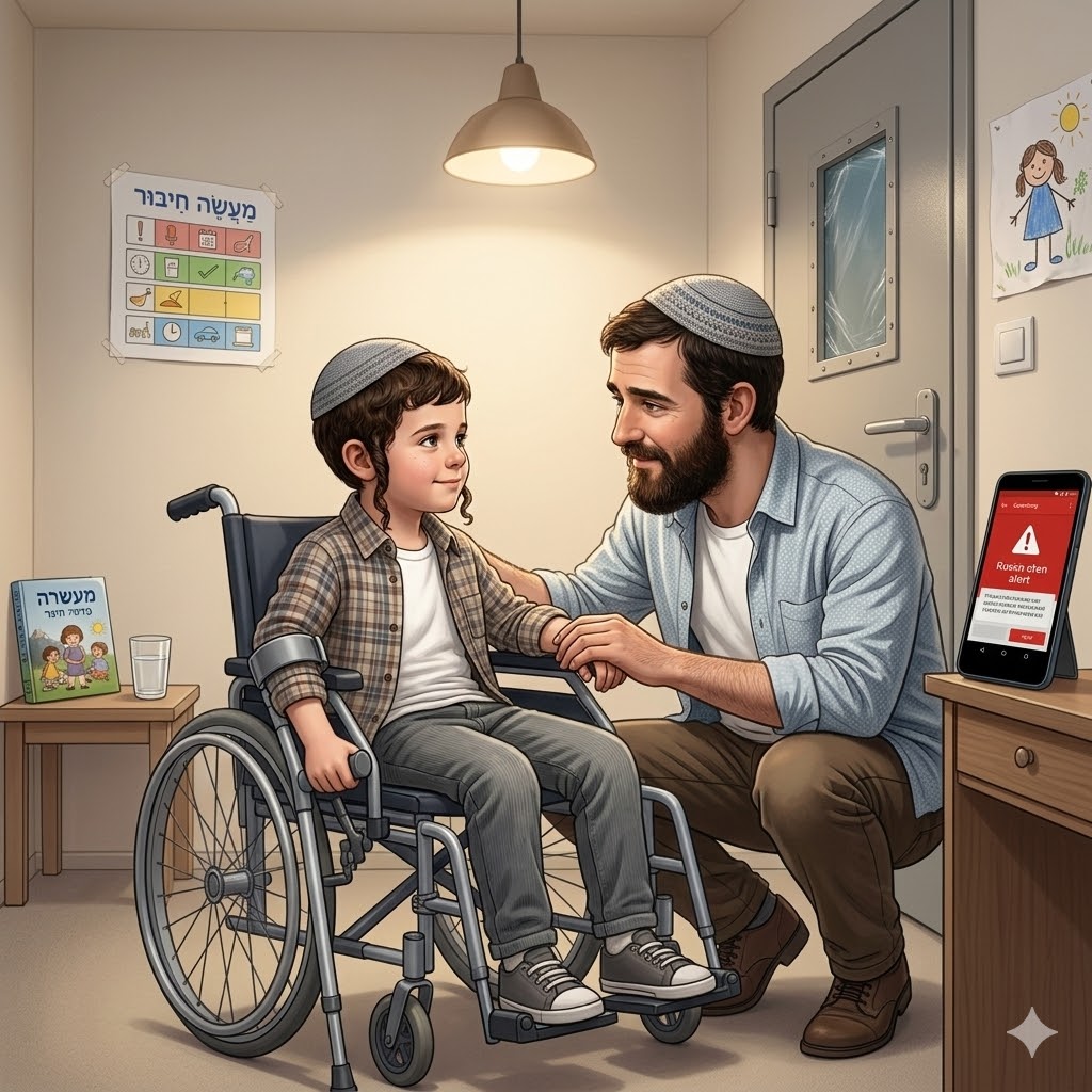 ילד עם כסא גלגלים במקלט בזמן אזעקה