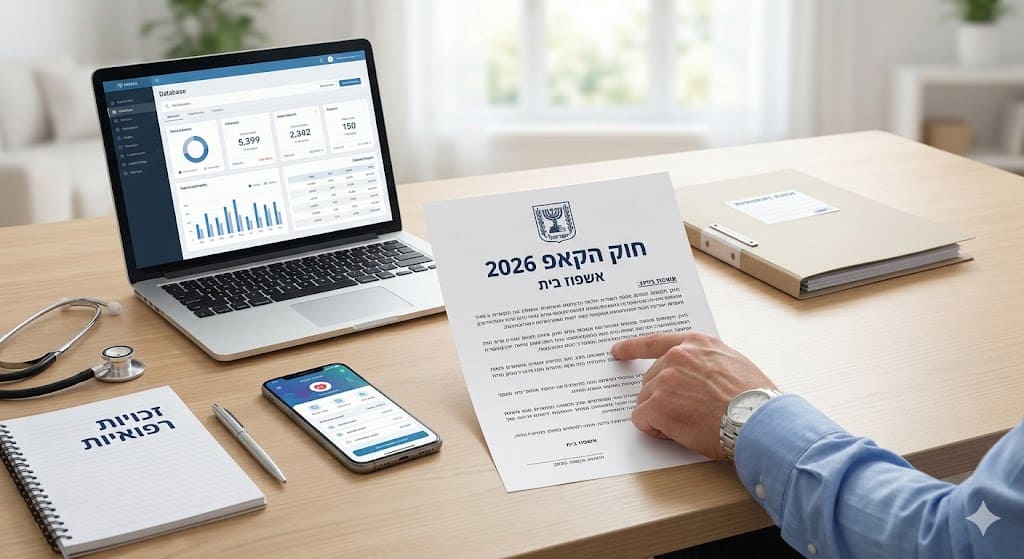מסמך חקיקה רשמי של חוק הקאפ 2026 לצד טאבלט רפואי על שולחן עץ, אילוסטרציה