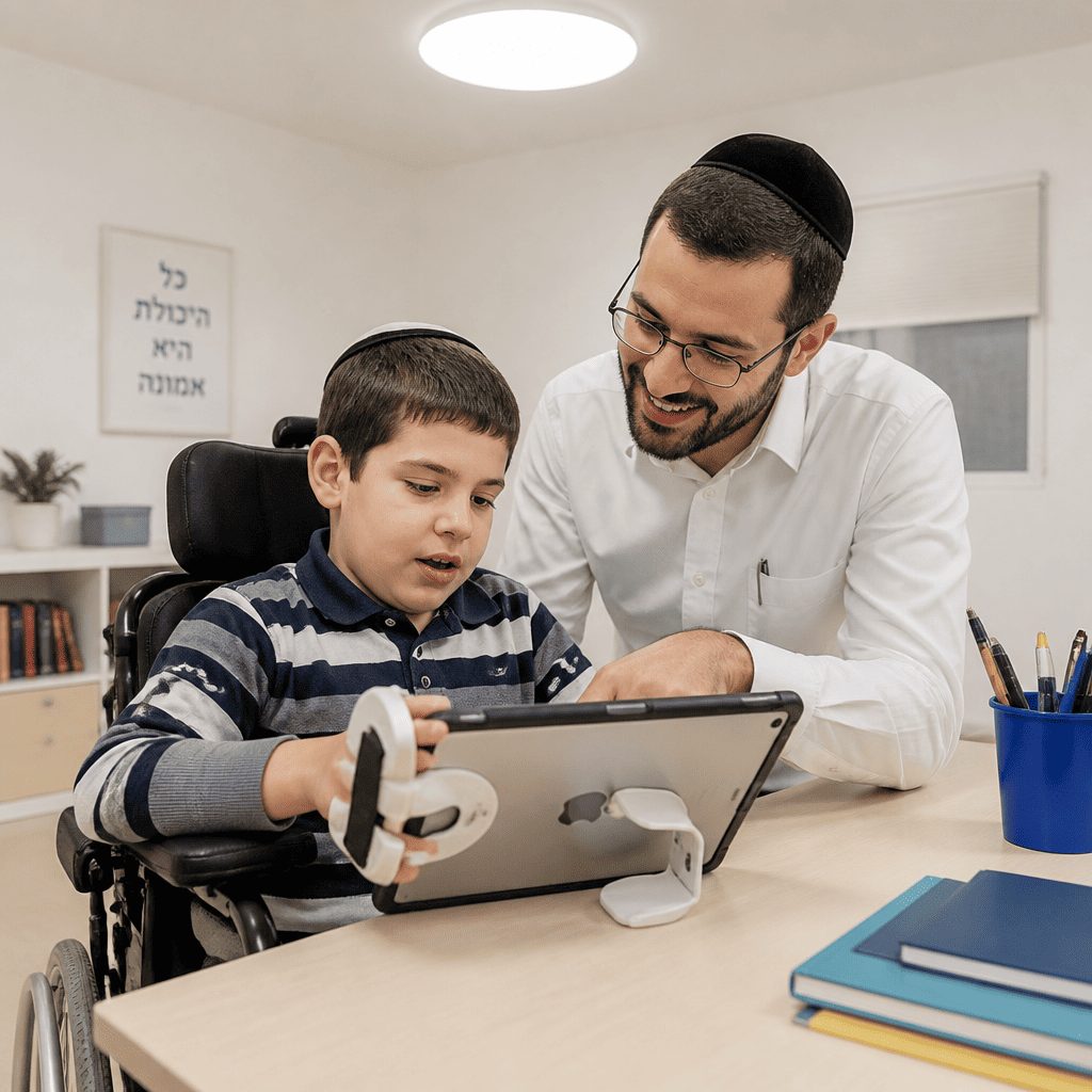 ילד יושב ליד שולחן כתיבה ומשתמש בטאבלט נגיש עם אביזר אחיזה מיוחד, לצדו גבר חובש כיפה מחייך ומדריך אותו במבט תומך.